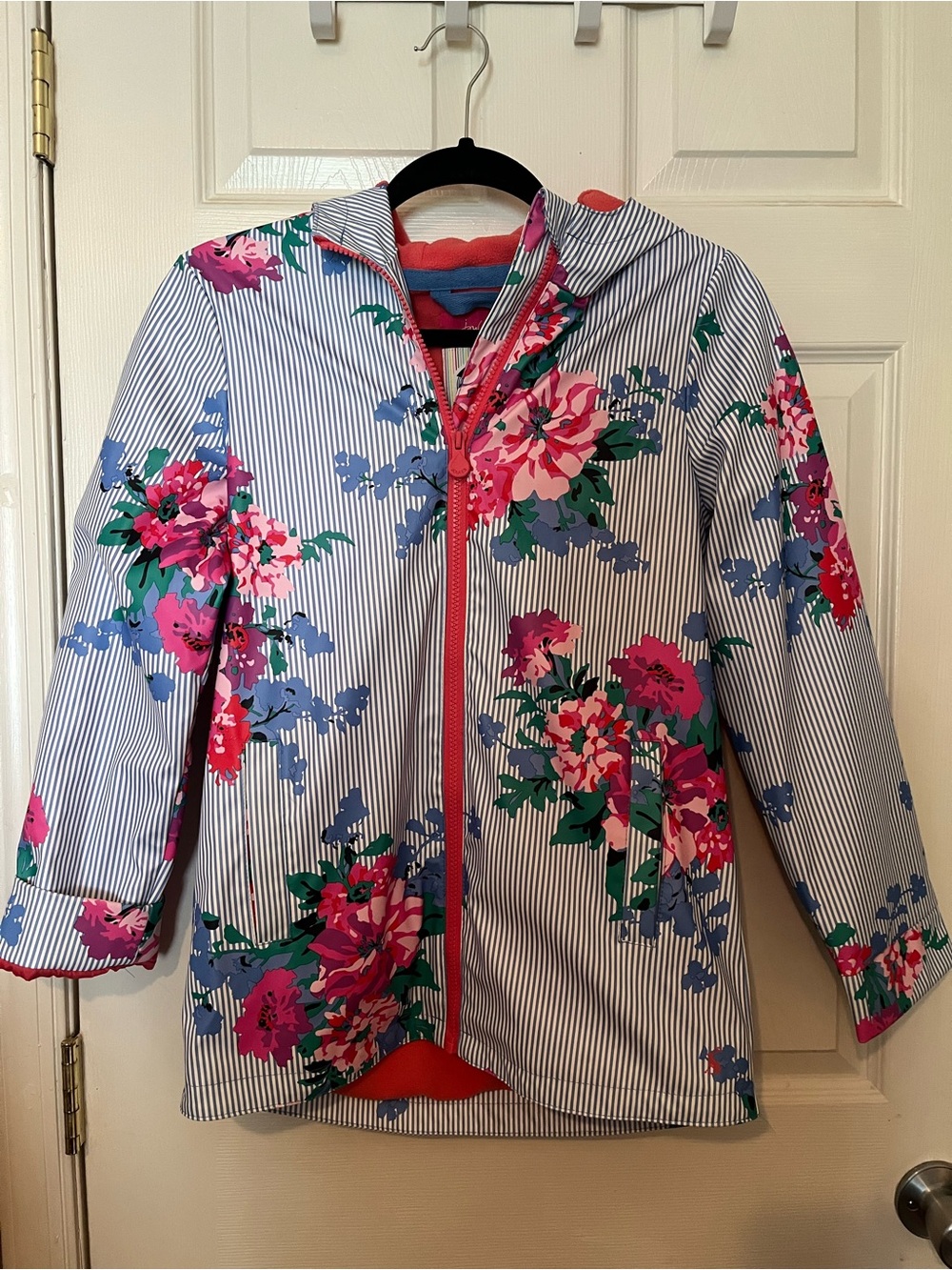 Joules Coral-Lined Floral & Stripe Rain Jacket